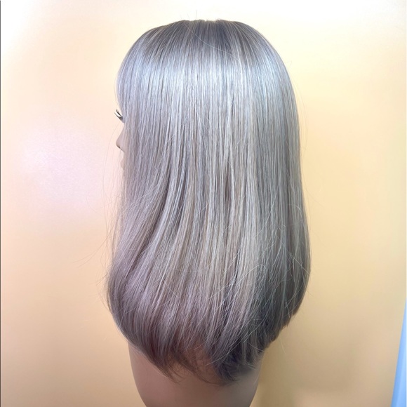 6082-16”Ombre Dark Brown Root to Ash Blond Curved Bottom Wig - Picture 4 of 11